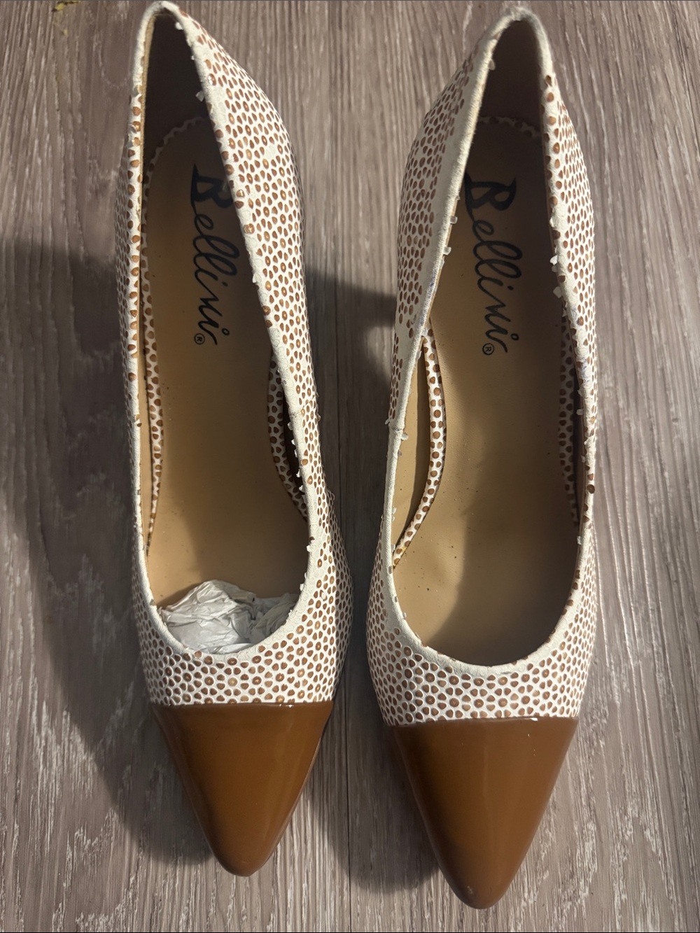 Bellini Two-Tone Brown Patent Pointed Pumps with White Perforated Upper
